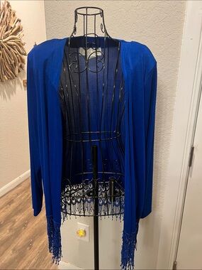 Vintage Marshal Rousso Open-Front Fringe Hem Women's Cardigan Sweater Royal Blue